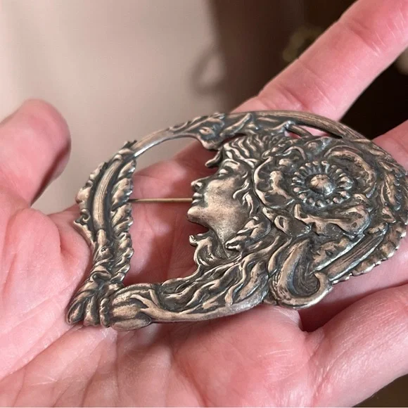 Antique Art Nouveau Art Deco Silver Lady Face Victorian Brooch Fairycore - Picture 4 of 15